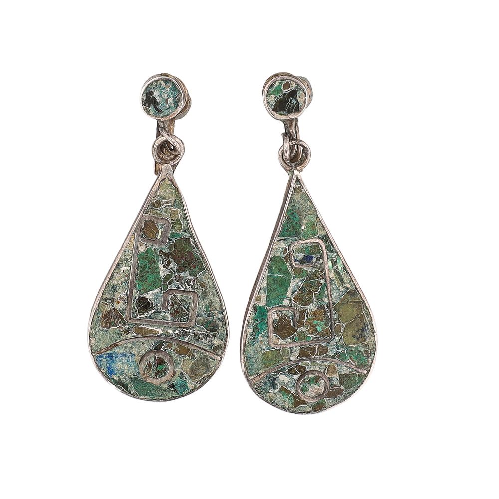 Lot 284: Vintage Crushed Turquoise Sterling Drop Dangle Earrings