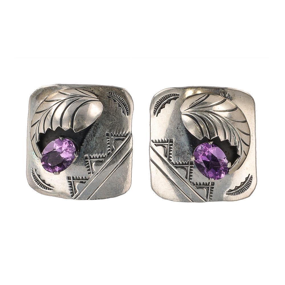 Lot 378: Tom & Rose Singer Navajo Amethyst Sterling Overlay Earrings