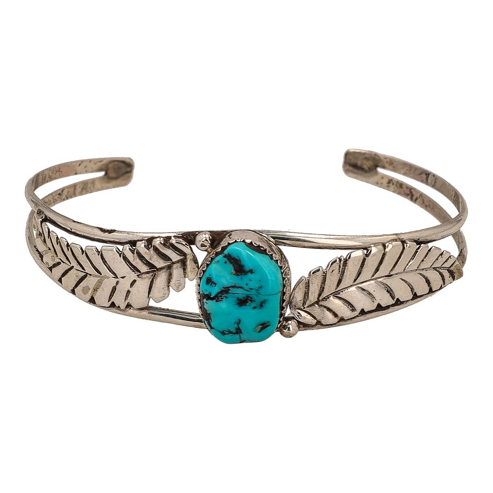 Lot 390: Michael Calladitto Navajo Turquoise Sterling Leaf Cuff Bracelet