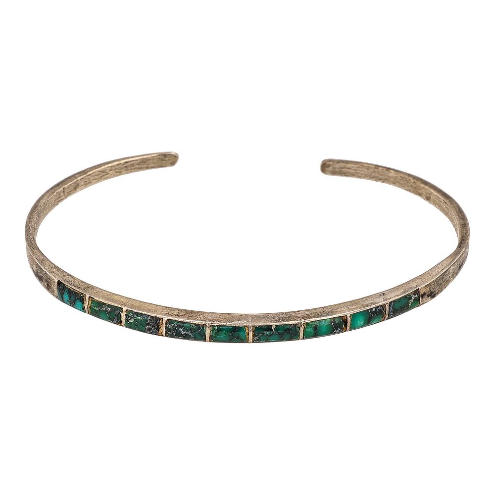 Lot 414: Vintage Zuni Green Turquoise Sterling Inlay Cuff Bracelet