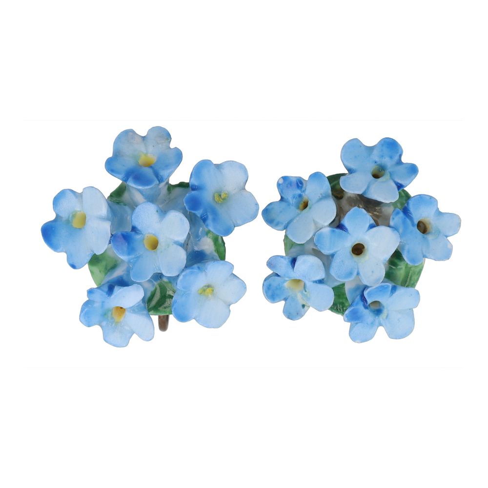 Lot 473: England C. 1930 Hand Painted Porcelain Forget-Me-Nots Flower Screw Back Earrings