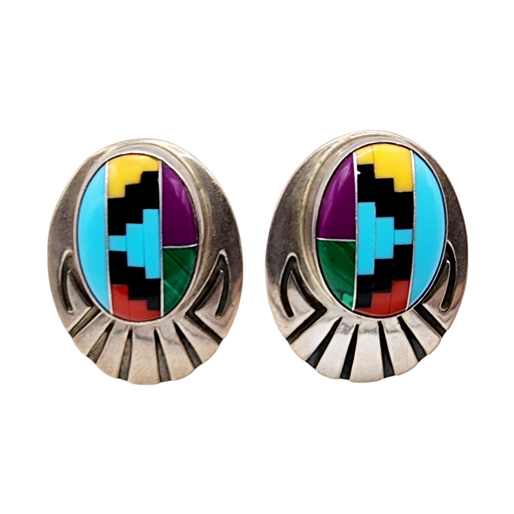 Lot 151: Signed 'M' Navajo Sterling Multistone Inlay Earrings 11.9g
