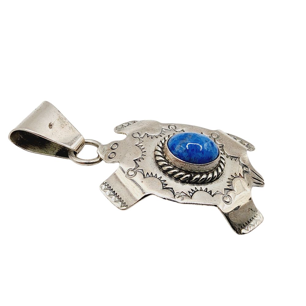 Lot 155: Navajo Sterling Denim Lapis Lazuli Hand Stamped Turtle Pendant 5.4g