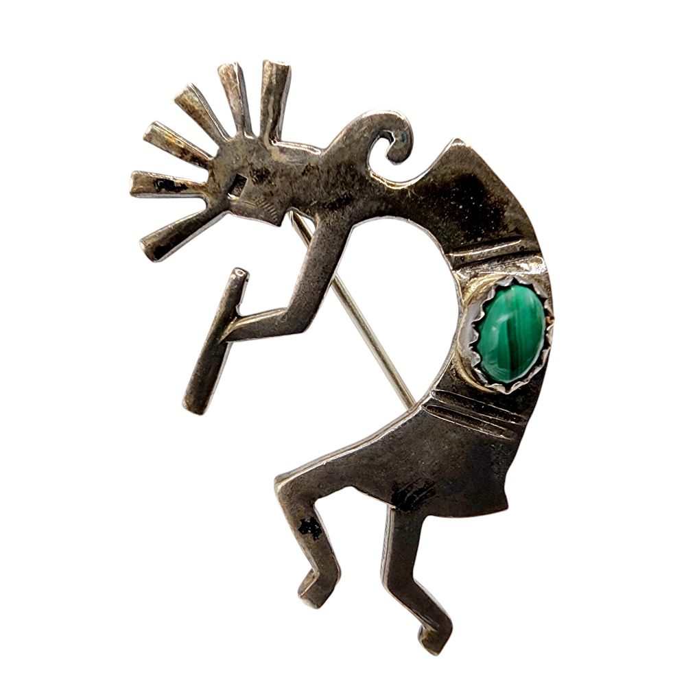 Lot 164: Vintage Navajo Sterling Malachite Kokopelli Flute Player Brooch 6.6g