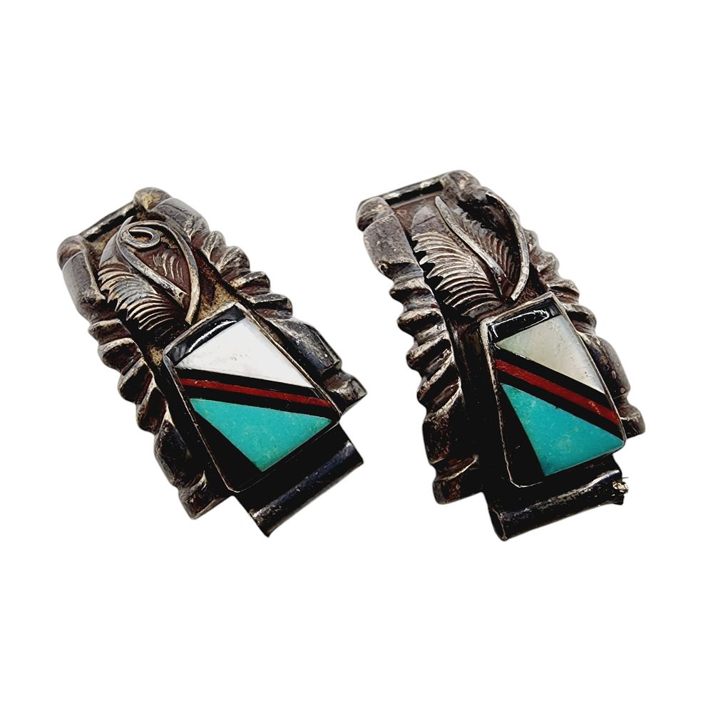 Lot 172: Vintage Zuni Sterling Turquoise Coral Inlay Watch Tips 11.5g