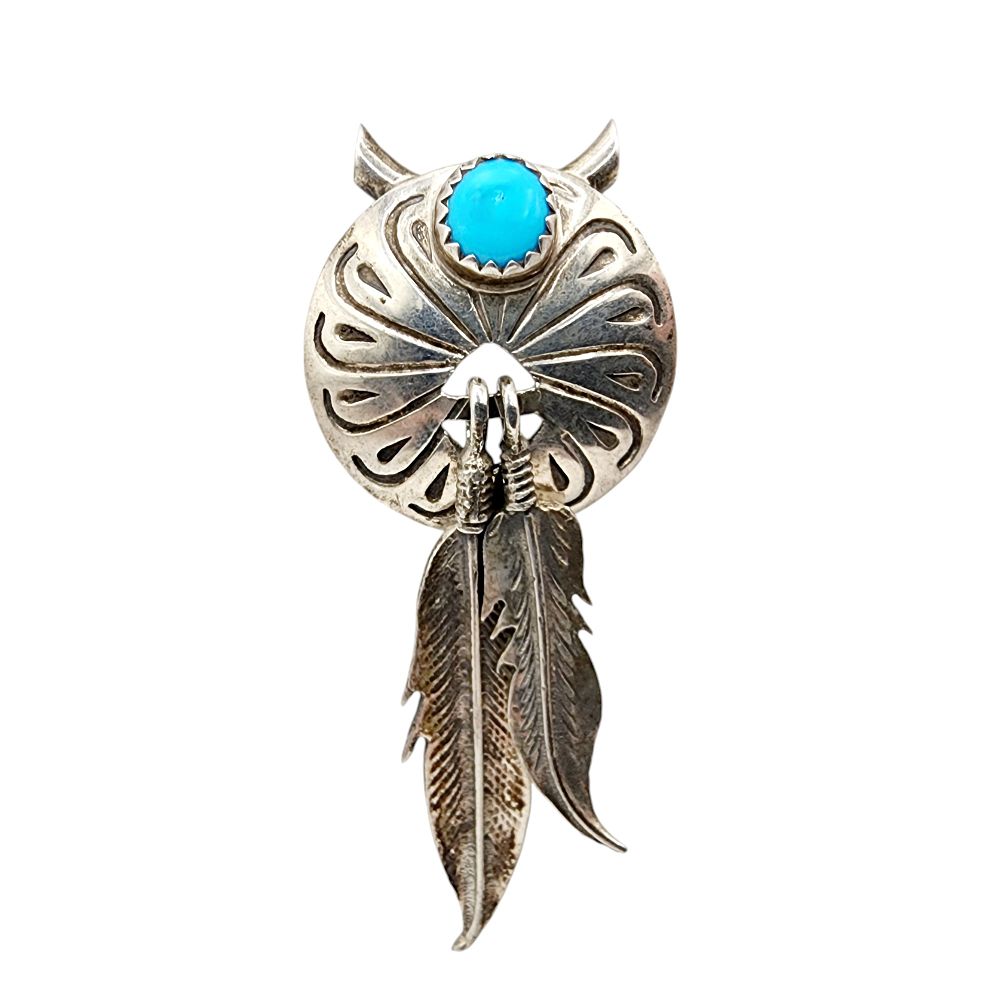 Lot 179: Navajo Sterling Turquoise Feather Dangle Slider Pendant 5.6g