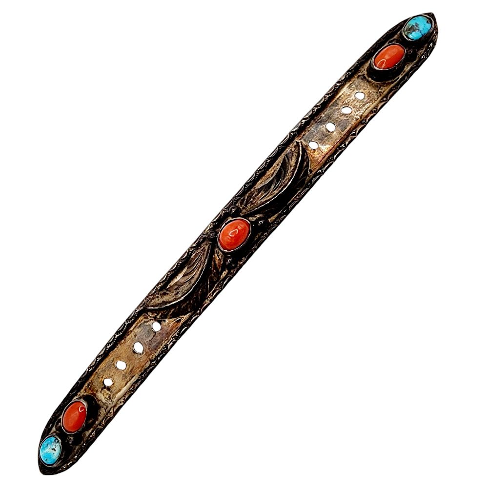 Lot 194: Vintage Navajo Sterling Turquoise Coral Watch Band Buckle 13.5g