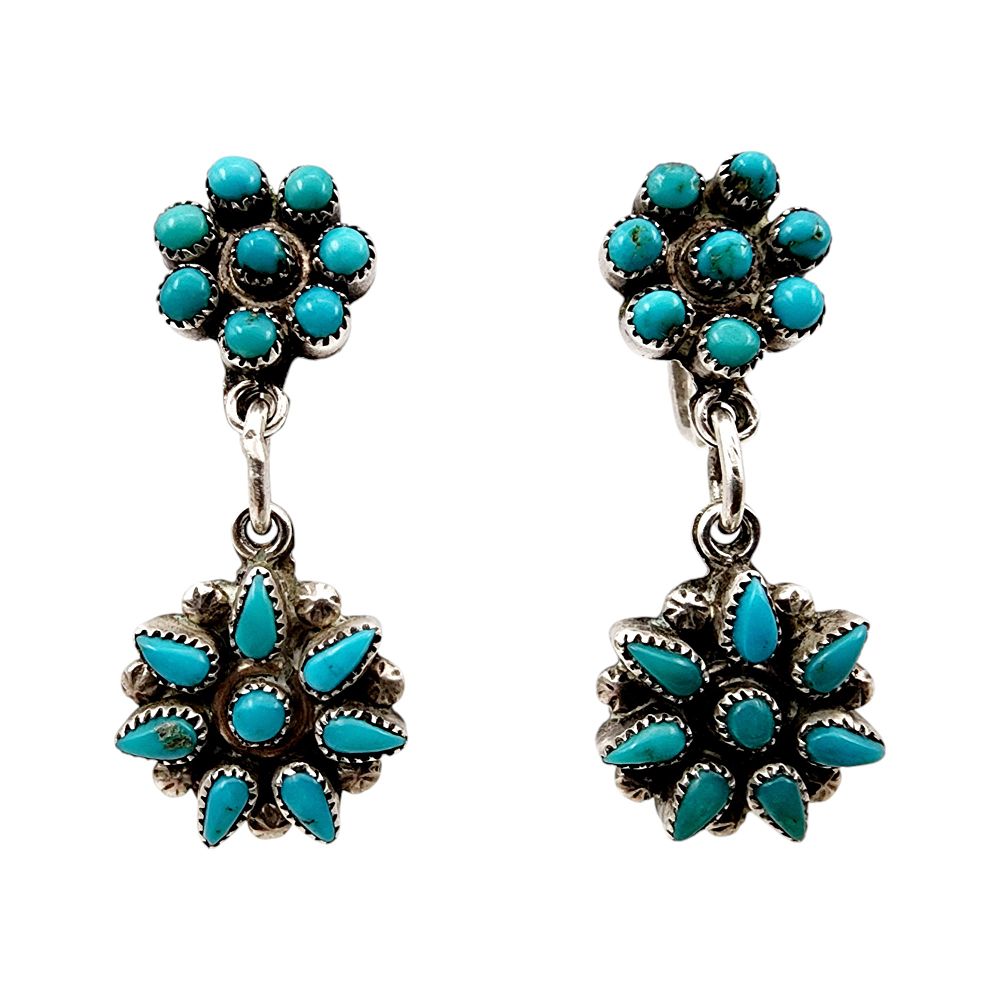 Lot 359: Vintage Zuni Signed 'E' Turquoise Petit Point Cluster Dangle Earrings 7.3g