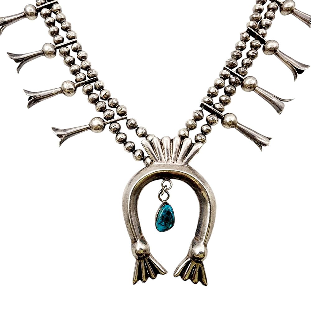 Lot 378: Vintage Navajo Turquoise Sandcast Squash Blossom Necklace 175g
