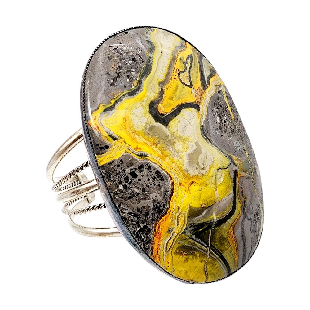 Lot 387: Amazing Alice M. Shirley Navajo Sterling Bumblebee Jasper Cuff Bracelet 78.7g