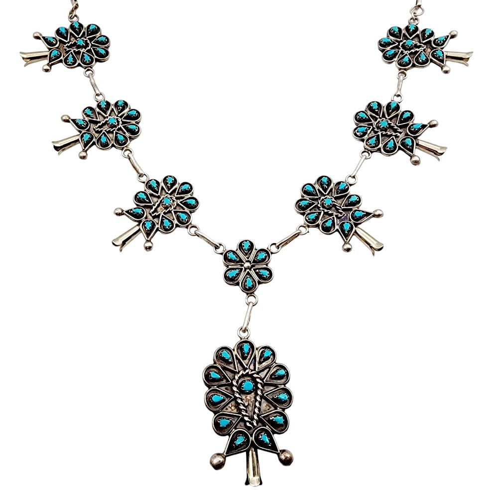 Lot 396: Vintage Zuni Signed 'TL' Sterling Turquoise Petit Point Squash Blossom Necklace 32.5g