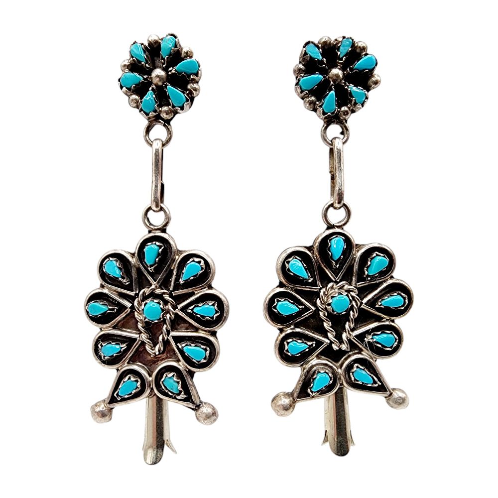 Lot 397: Vintage Zuni Sterling Turquoise Petit Point Squash Blossom Earrings 7.8g