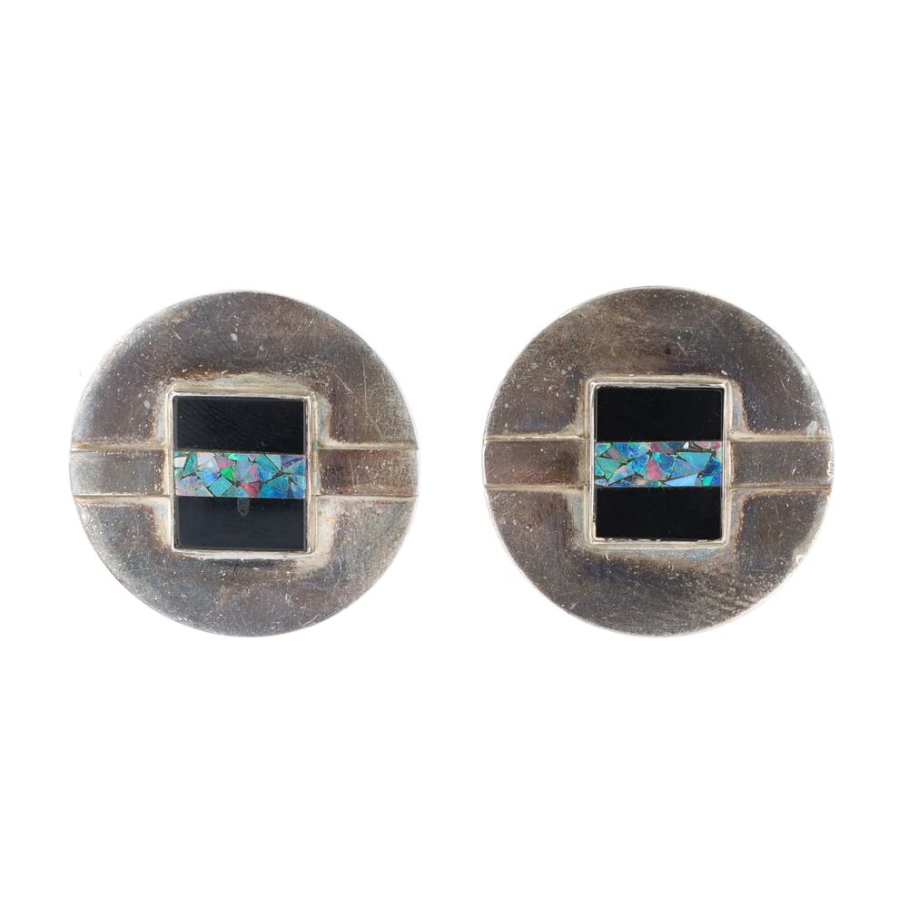 Lot 160: Great Falls Metalworks Onyx Opal Sterling Inlay Disk Earrings