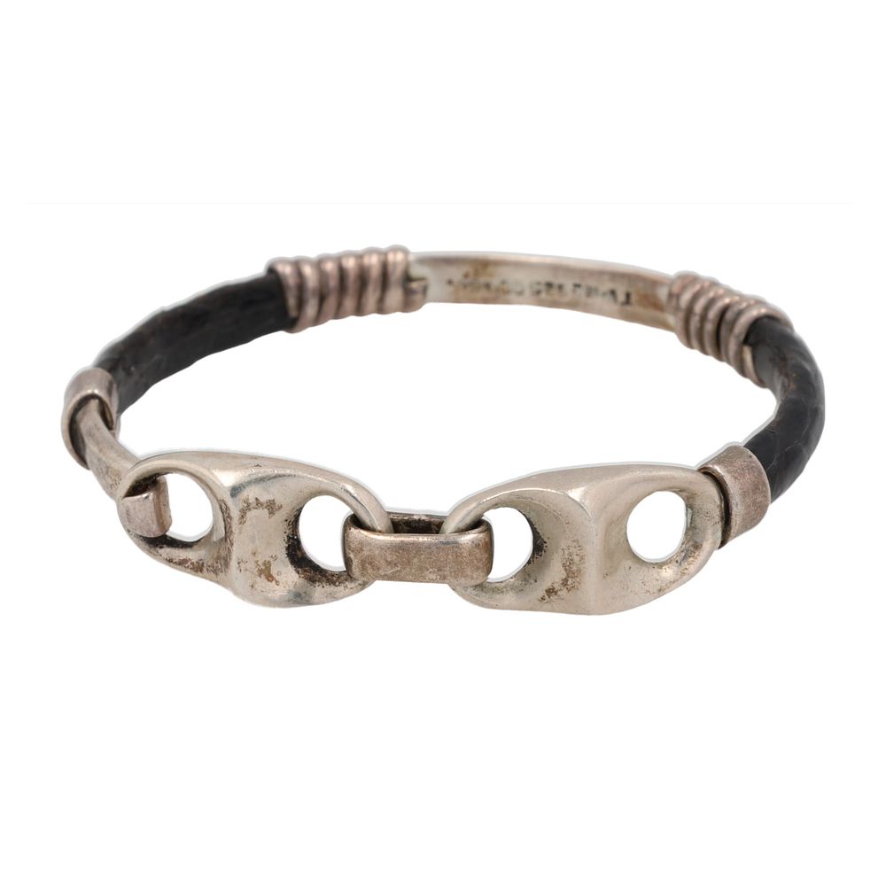 Lot 161: TV-110 Taxco Mexico Leather Sterling Modernist Bangle Bracelet