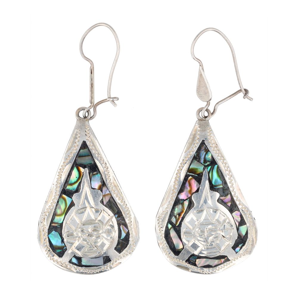 Lot 178: Mexico Crushed Abalone Sterling Aztec/Mayan Style Dangle Earrings