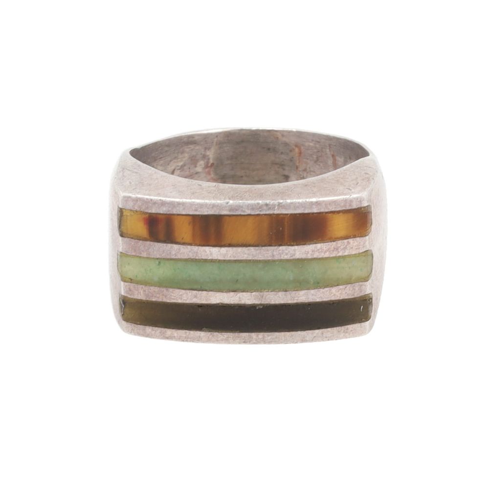 Lot 187: JMC Tigers Eye Aventurine Agate Sterling Inlay Ring Sz. 5.5