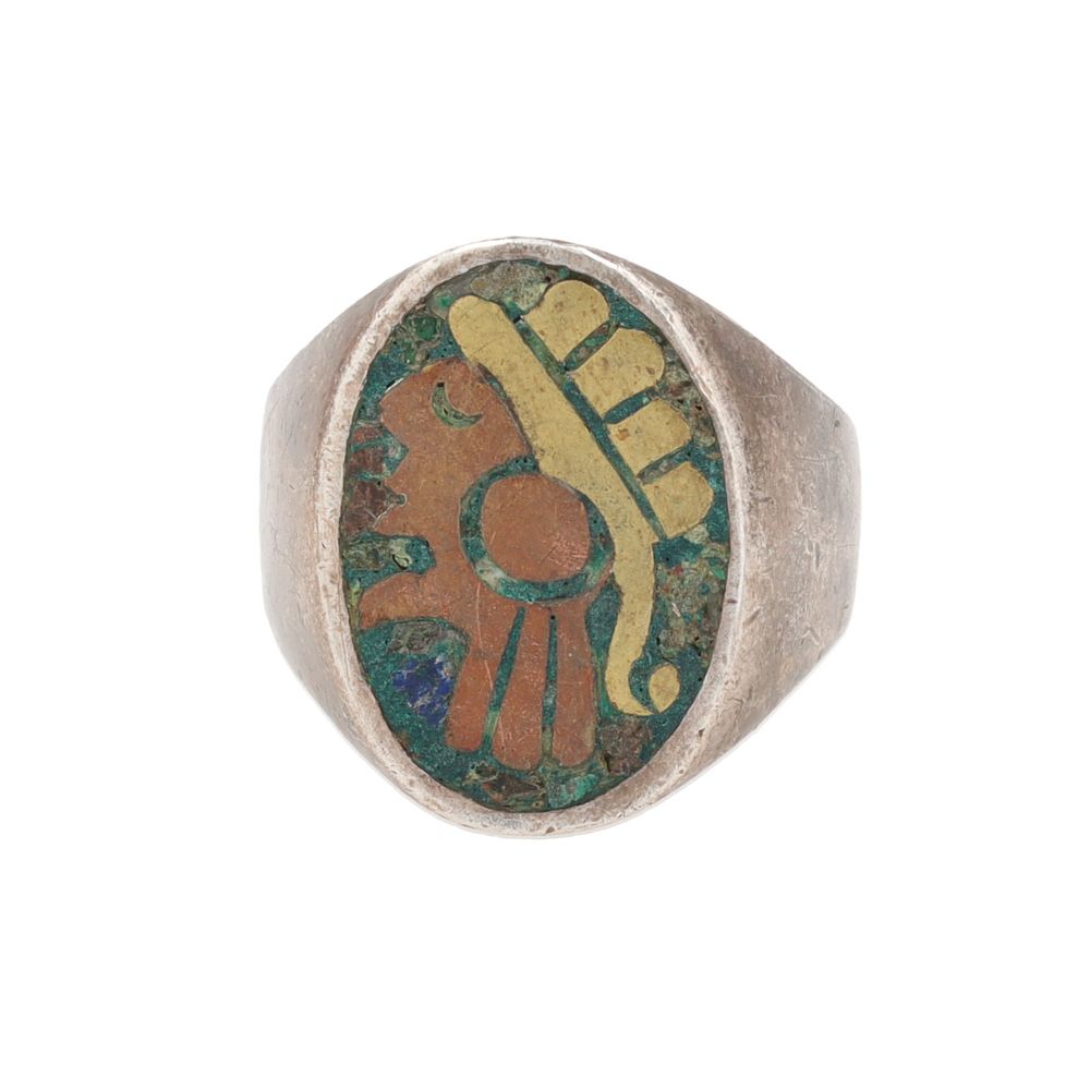 Lot 188: MA Mexico Copper Bronze Sterling Crushed Agate Aztec/Mayan Ring Sz. 8.25