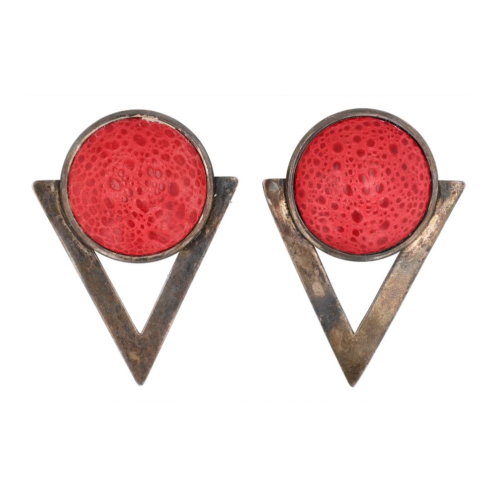 Lot 198: Contemporary Mid Century Red Leather Sterling Earrings As Is