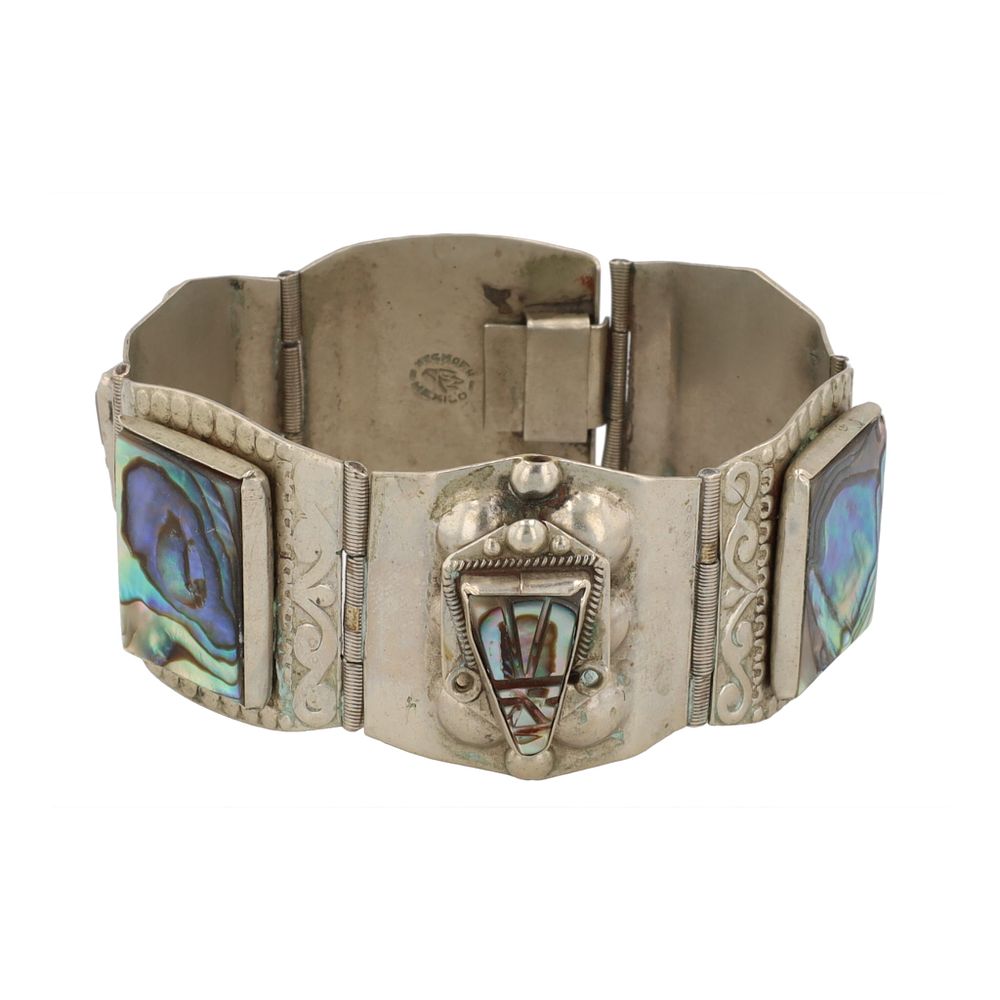 Lot 220: Mexico Carved Abalone Alpaca Silver Panel Bracelet