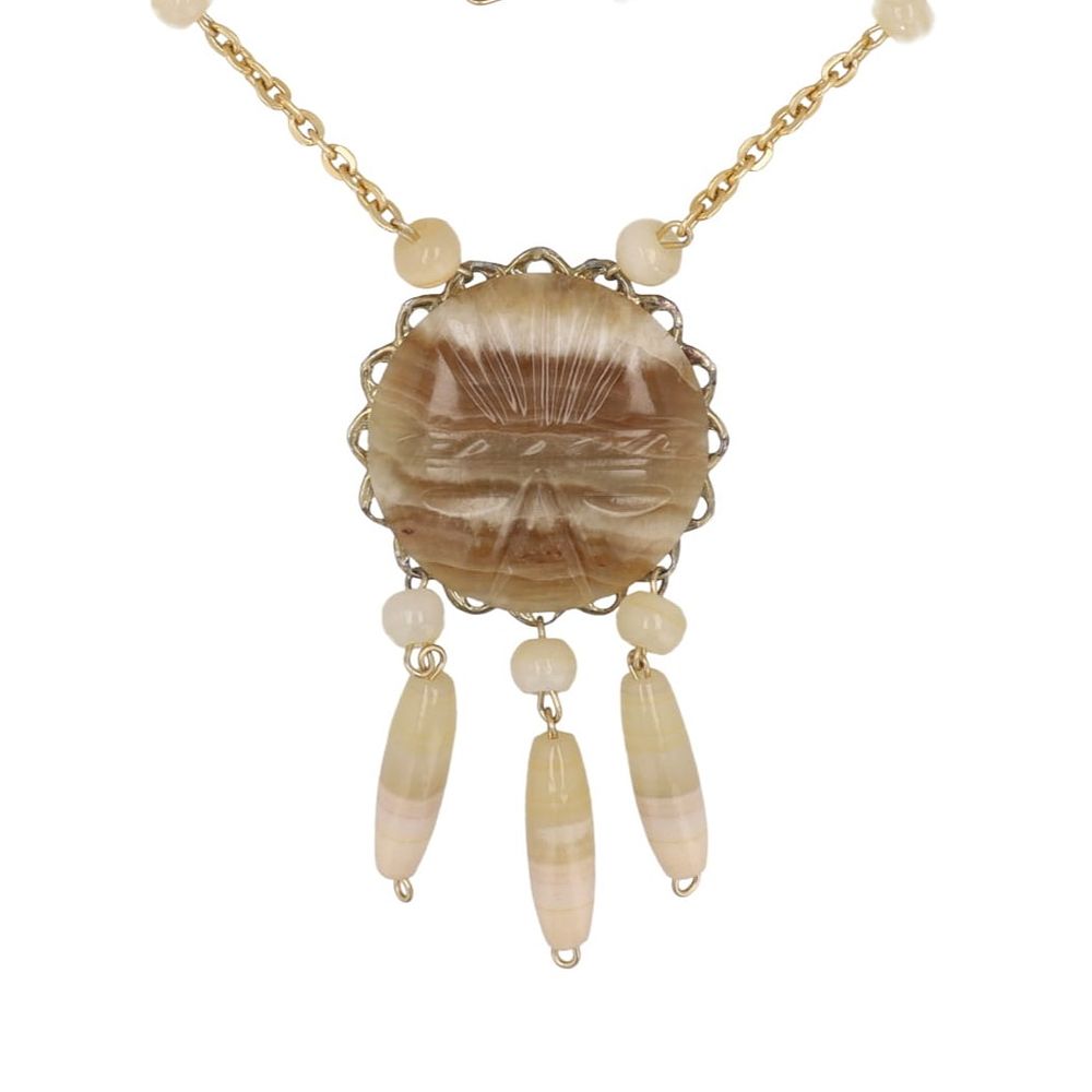 Lot 232: Carved Aztec Or Mayan Banded Agate Dangle Necklace