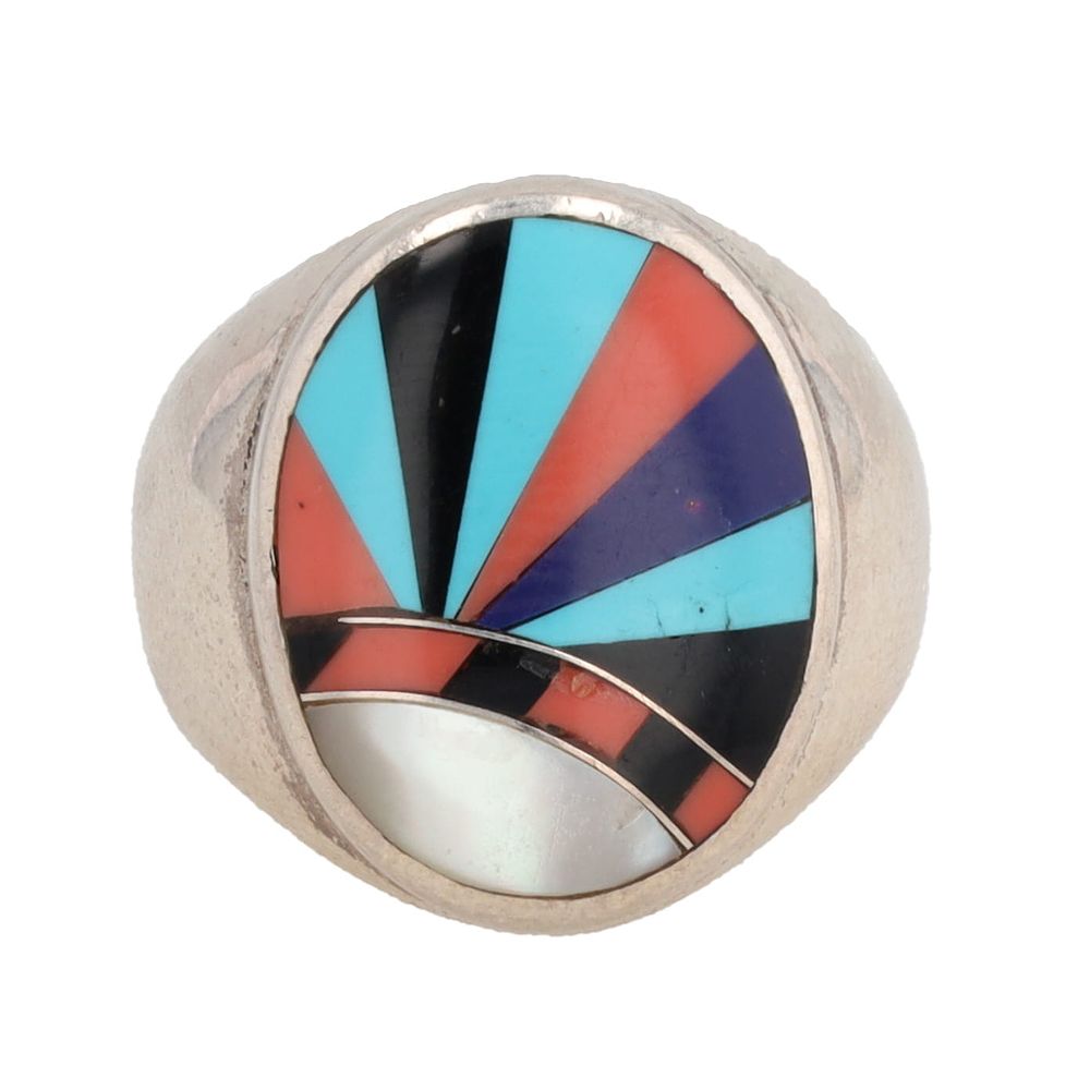 Lot 244: Southwest Multi Stone Sterling Inlay Ring Sz. 5.25