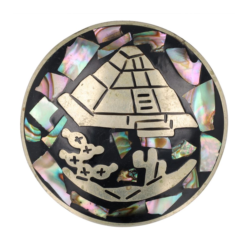 Lot 256: Mexico Alpaca Enamel Abalone Aztec/Mayan Style Brooch Pendant