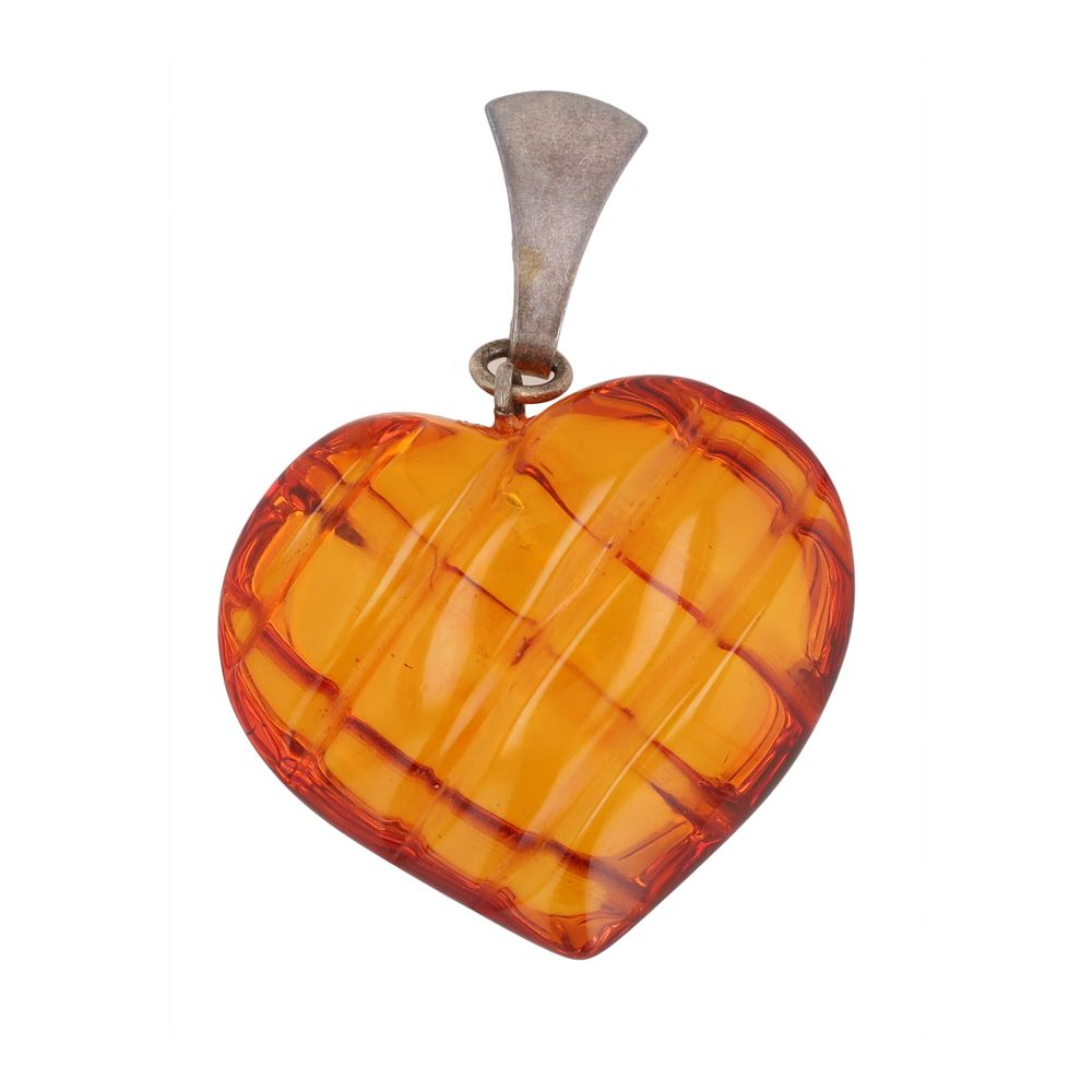 Lot 313: Carved Amber Sterling Heart Pendant