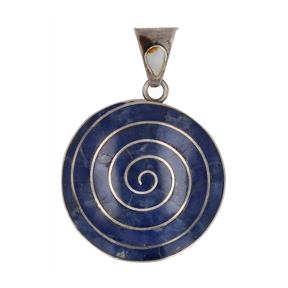 Lot 334: Mexico 950 Silver Lapis Swirl Mother Of Pearl Pendant