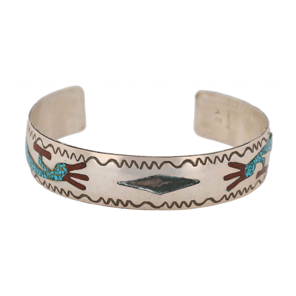 Lot 397: HB Navajo Crushed Turquoise Coral Sterling Kokopelli Cuff Bracelet As Is