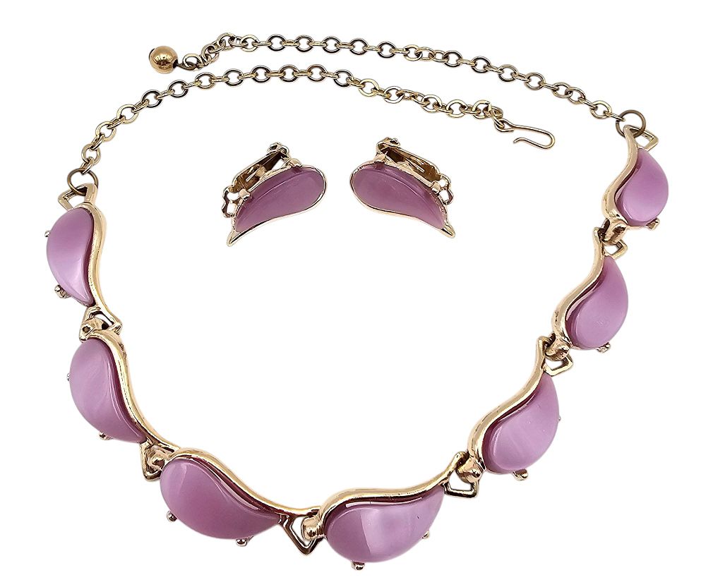 Lot 155: Vintage Moonglow Purple Lucite Gold Tone Necklace Earrings Set