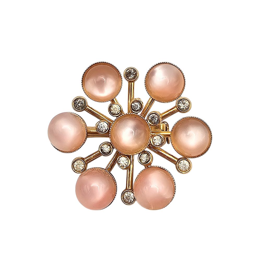 Lot 162: Coro Vintage Lucite Moonglow Pink Rhinestone Gold Tone Floral Burst Brooch