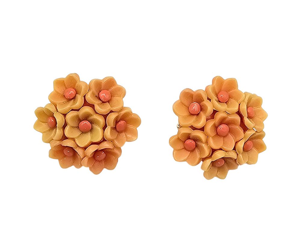Lot 168: Crown Trifari Vintage Coral Color Thermoset/Lucite Forget-Me-Not Earrings