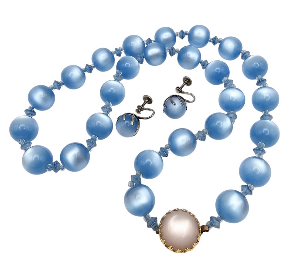 Lot 170: Vintage Blue Moonglow Lucite Bead Necklace Earrings Set