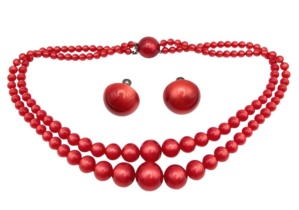 Lot 174: Vintage Red Moonglow Lucite Bead 2 Strand Necklace Earrings Set