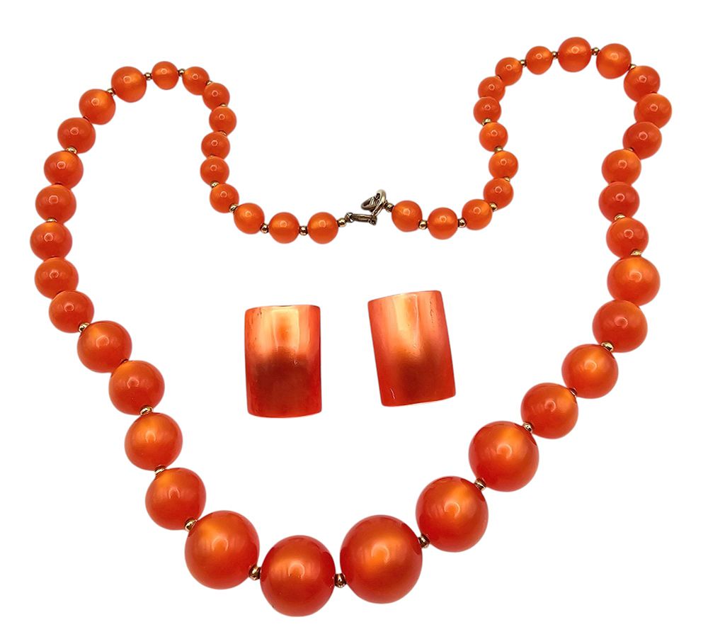 Lot 178: Vintage Orange Moonglow Lucite Bead Necklace Earrings Set