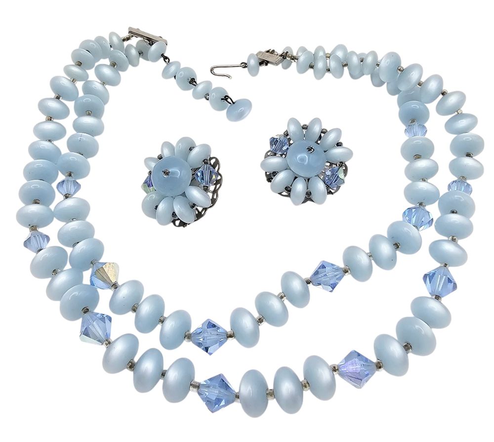 Lot 180: Vintage Country Blue Moonglow Lucite Bead 2 Strand Necklace Earrings Set
