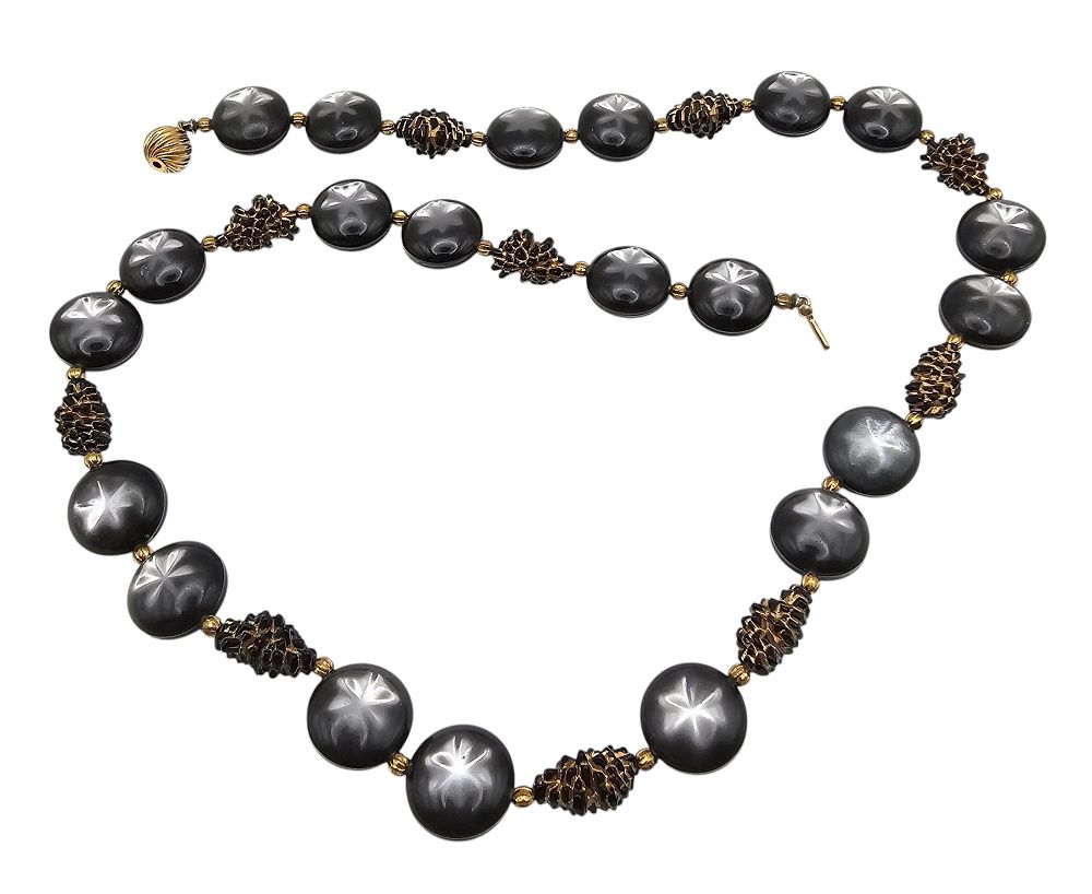 Lot 182: Vintage Black Gold Moonglow Lucite Bead Necklace