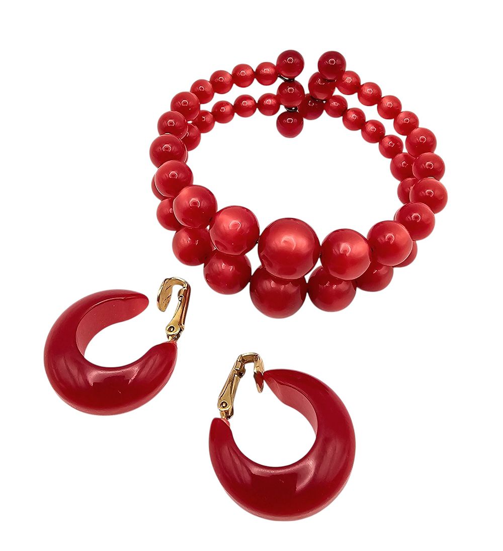 Lot 185: Vintage Red Moonglow Lucite Bead Bracelet Earrings Set
