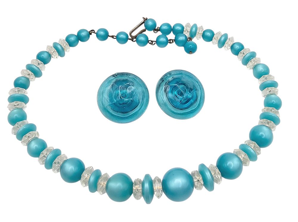 Lot 187: Vintage Blue Moonglow Lucite Bead Necklace Earrings Set