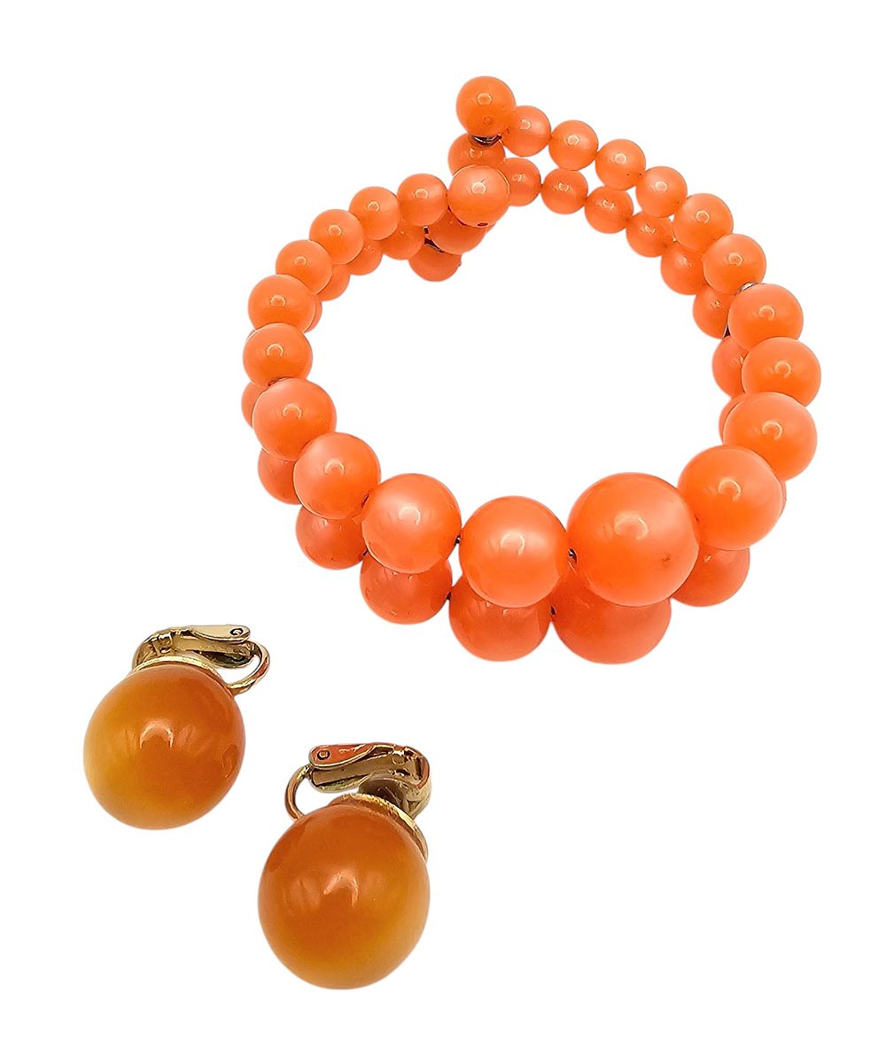 Lot 189: Vintage Orange Moonglow Lucite Bead Bracelet Earrings Set