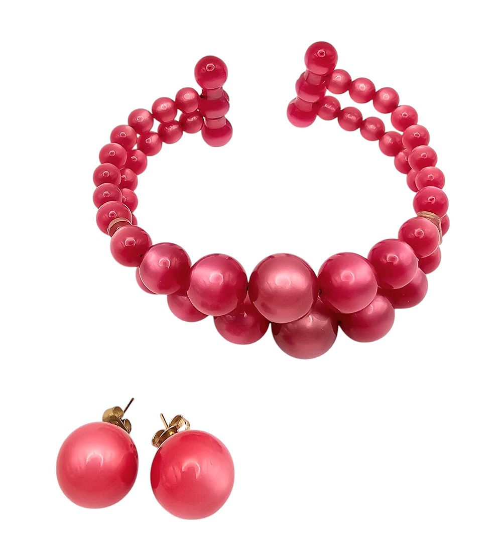 Lot 195: Vintage Magenta Moonglow Lucite Bead Bracelet Earrings Set
