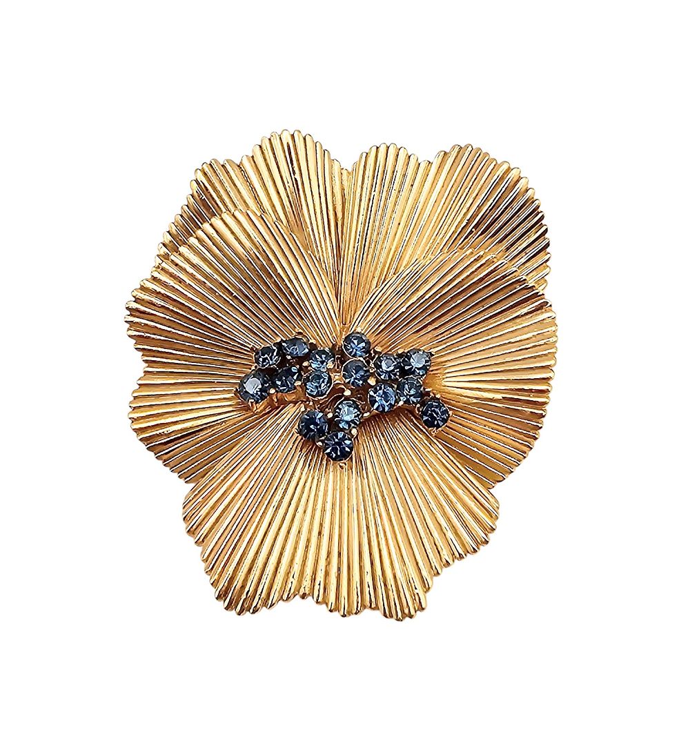 Lot 198: Alfred Philippe Vintage Rare Trifari Blue Rhinestone Gold Tone Pansy Flower Brooch