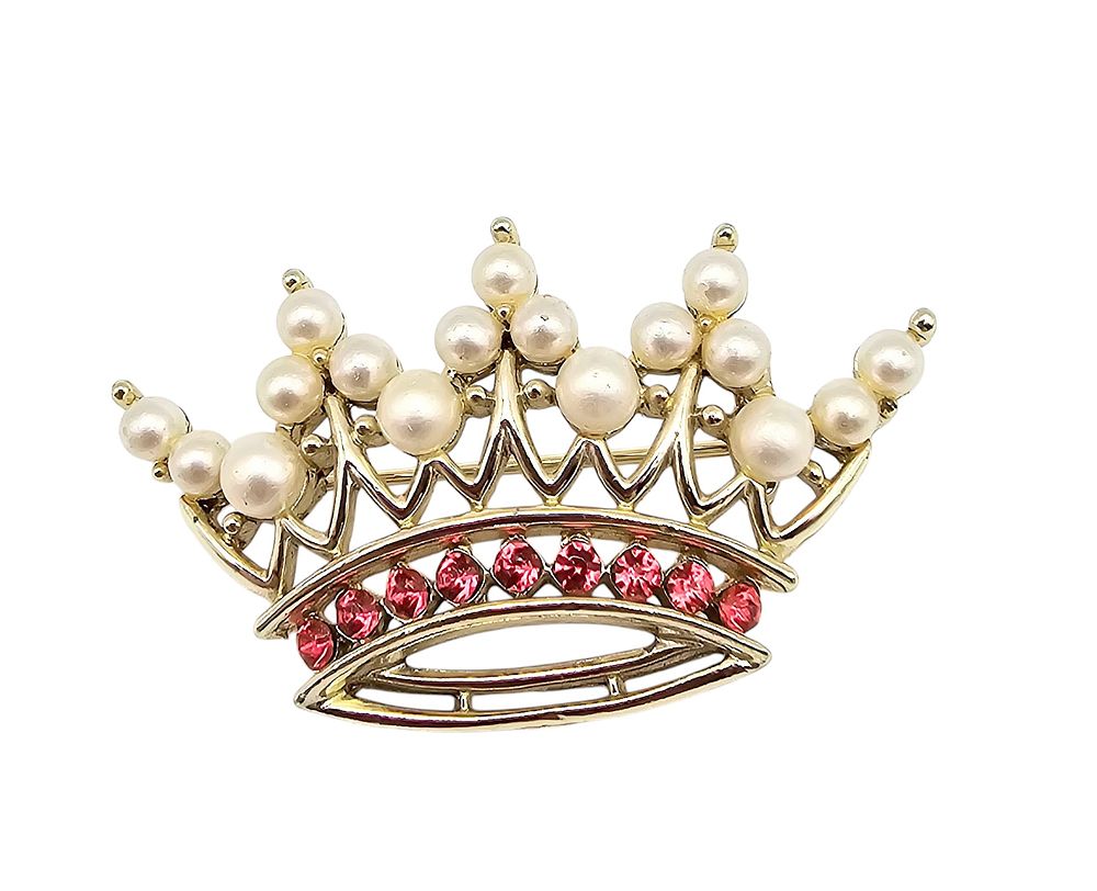 Lot 202: Unsigned Trifari Faux Pearl Red Enamel Gold Tone Crown Brooch