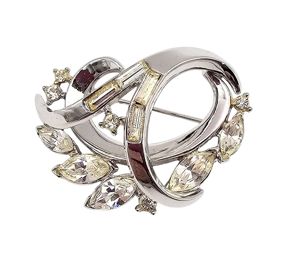 Lot 204: Crown Trifari Vintage Clear Baguette Rhinestone Silver Tone Ribbon Brooch- Alfred Philippe?