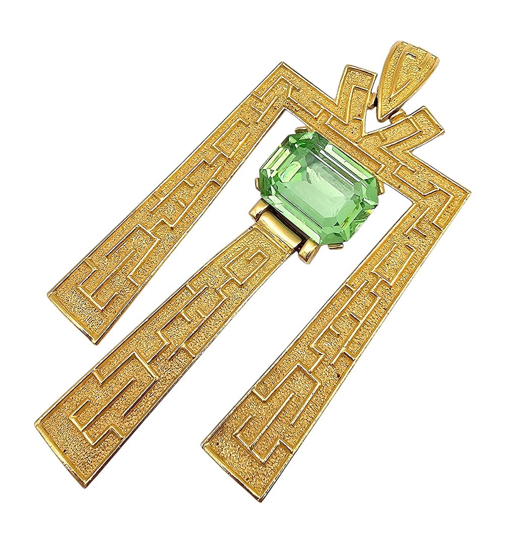 Lot 208: Crown Trifari Vintage Green Rhinestone Gold Tone Egyptian Revival Pendant