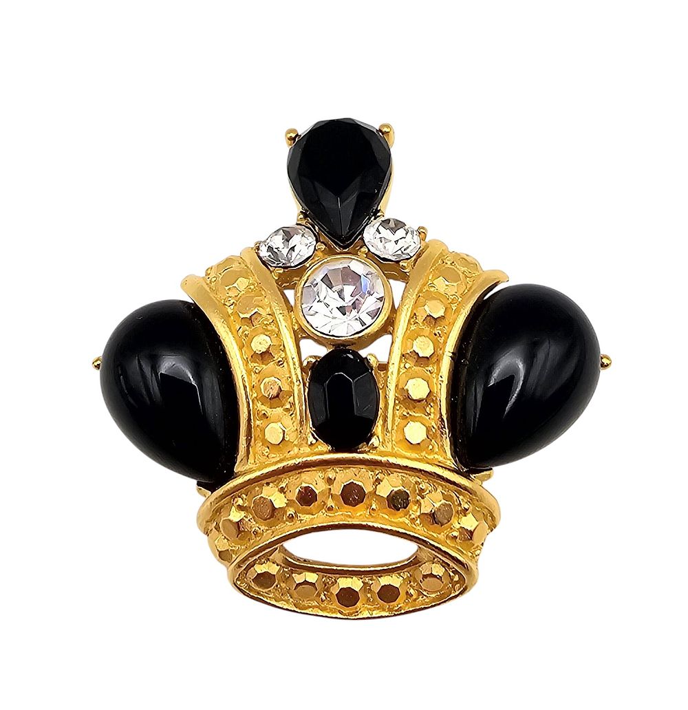 Lot 210: Rare Trifari Black Clear Rhinestone Gold Tone Crown Brooch