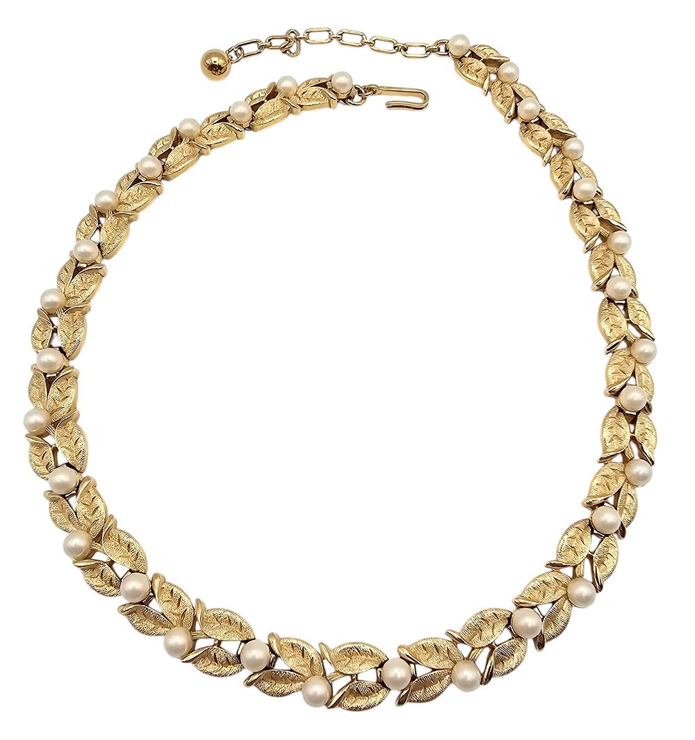 Lot 216: Trifari Faux Pearl Leaf Link Choker Necklace