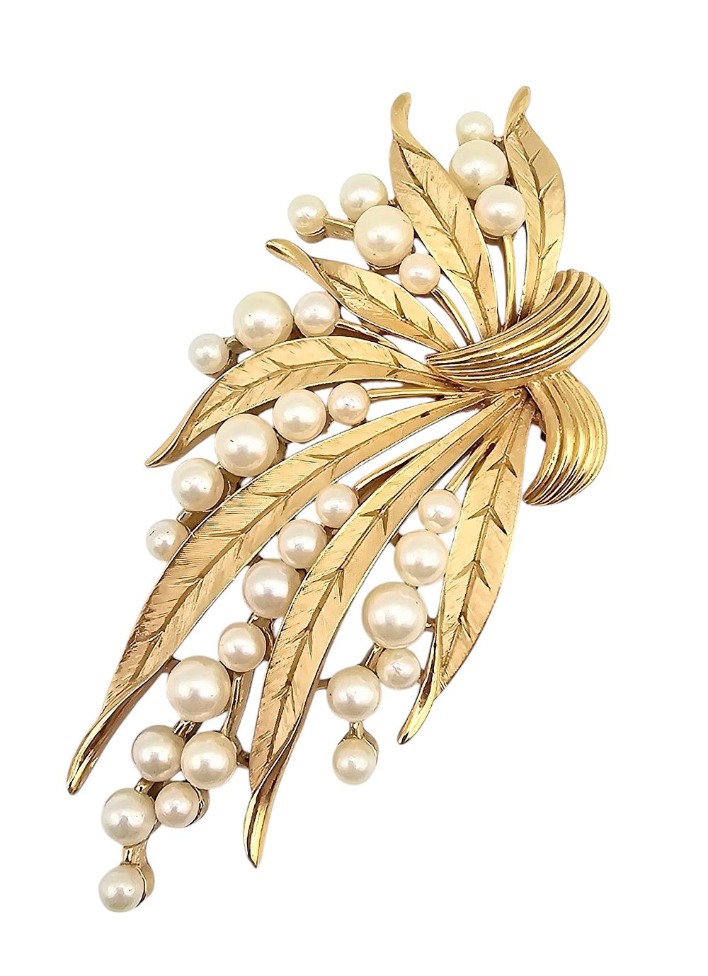 Lot 218: Crown Trifari Vintage Faux Pearl Gold Tone Leaf Floral Spray Brooch