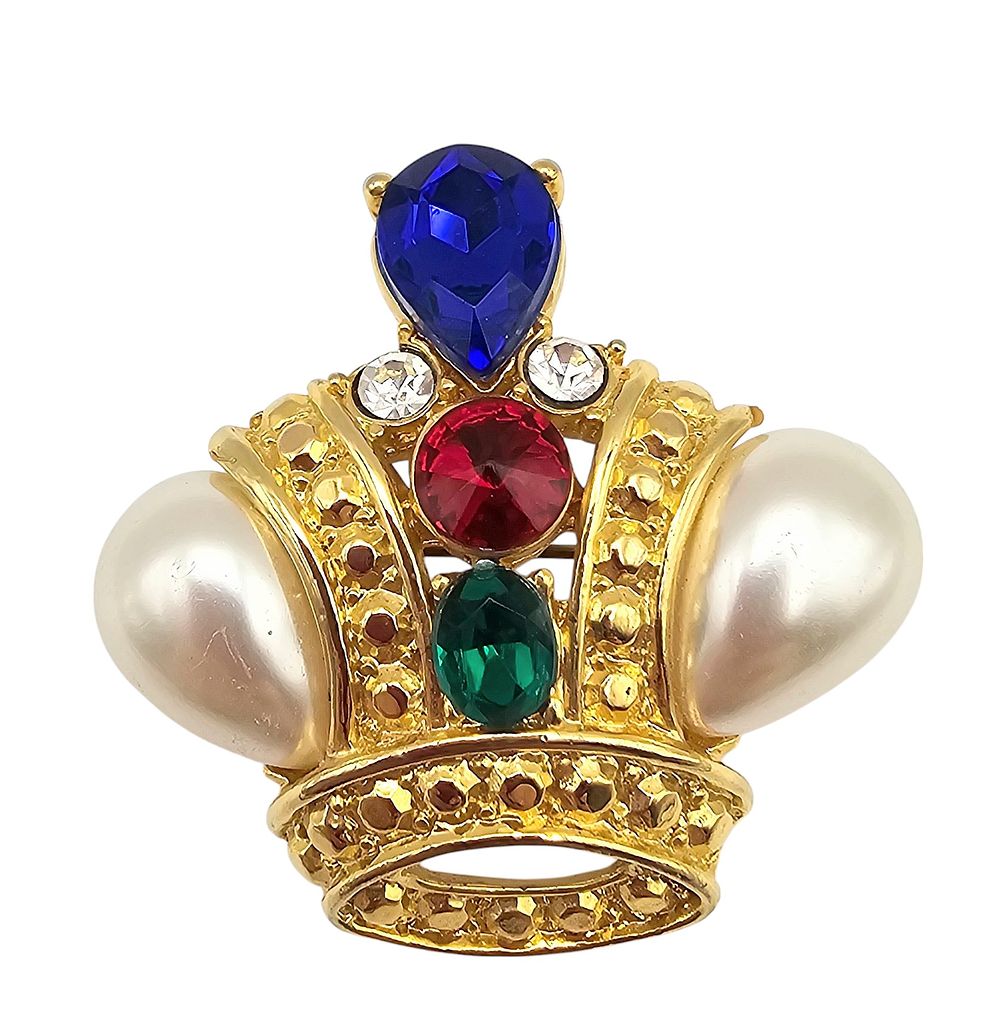 Lot 219: Trifari Vintage Faux Pearl Rhinestone Gold Tone Crown Brooch