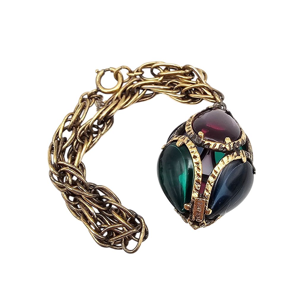 Lot 223: Crown Trifari Vintage Stained Glass Style Red Blue Green Gold Tone Bracelet